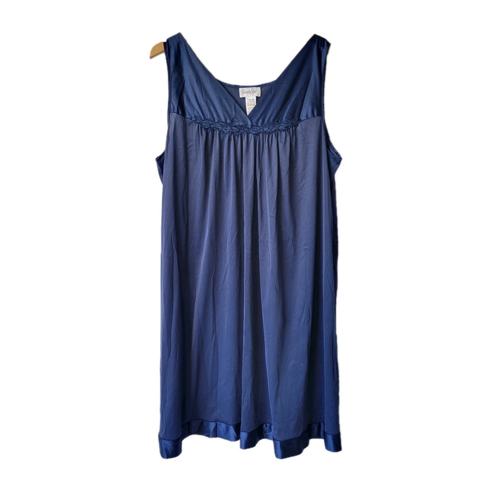 Miss Elaine Blue Nylon Nightgown Sleepwear Sleeveless Embroidered Large